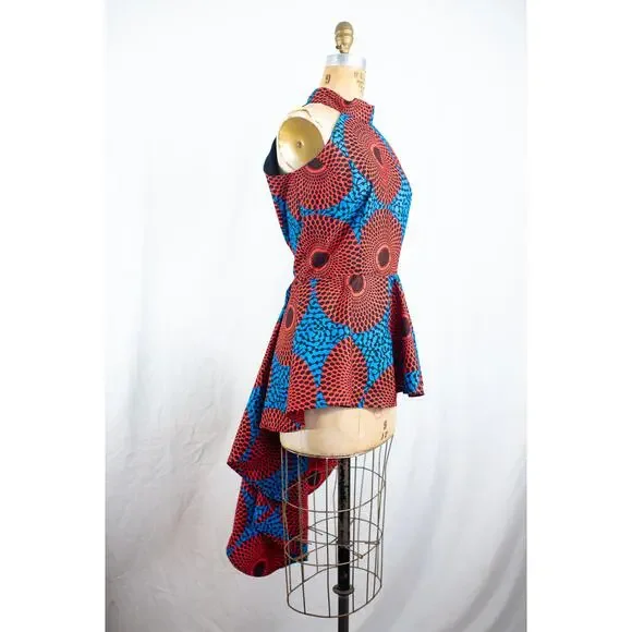 Colorful Boutique African Print Dress, High Low Skirt Fit and Flare Ankara, XL - Picture 1 of 9